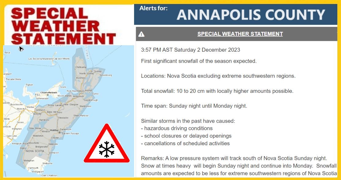 ⚠️🌨️Special Weather Statement in effect for Annapolis County❄️☃️
First significant snowfall of the season expected.
Total snowfall: 10 to 20 cm with locally higher amounts possible.
Time span: Sunday night until Monday night
tinyurl.com/3mn7rmrm
