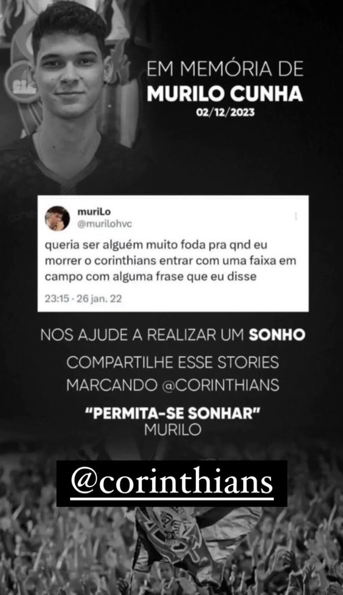 itsbaixista's tweet image. acho que o Murilo era a pessoa mais apaixonada pelo Corinthians que eu já conheci. ele ensinou todos ao redor dele a sonhar

por favor, quem puder, compartilha esse post marcando o @Corinthians para nos ajudar a realizar um sonho dele.

eu te amo como nunca amei, Murilo