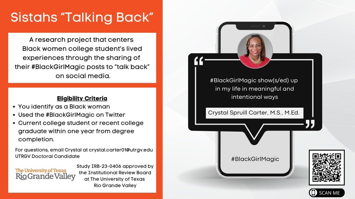 CrystalSCarter's tweet photo. I am excited to share that my study, "Understanding Social Media as a Communicative Tool to Facilitate Critical Discourse: Using #BlackGirlMagic to Explore How Black Women in Higher Education “Talk Back,” is IRB Approved! Please participate/share. https://t.co/hGq8ixhkaC https://t.co/GEradK9Z6B