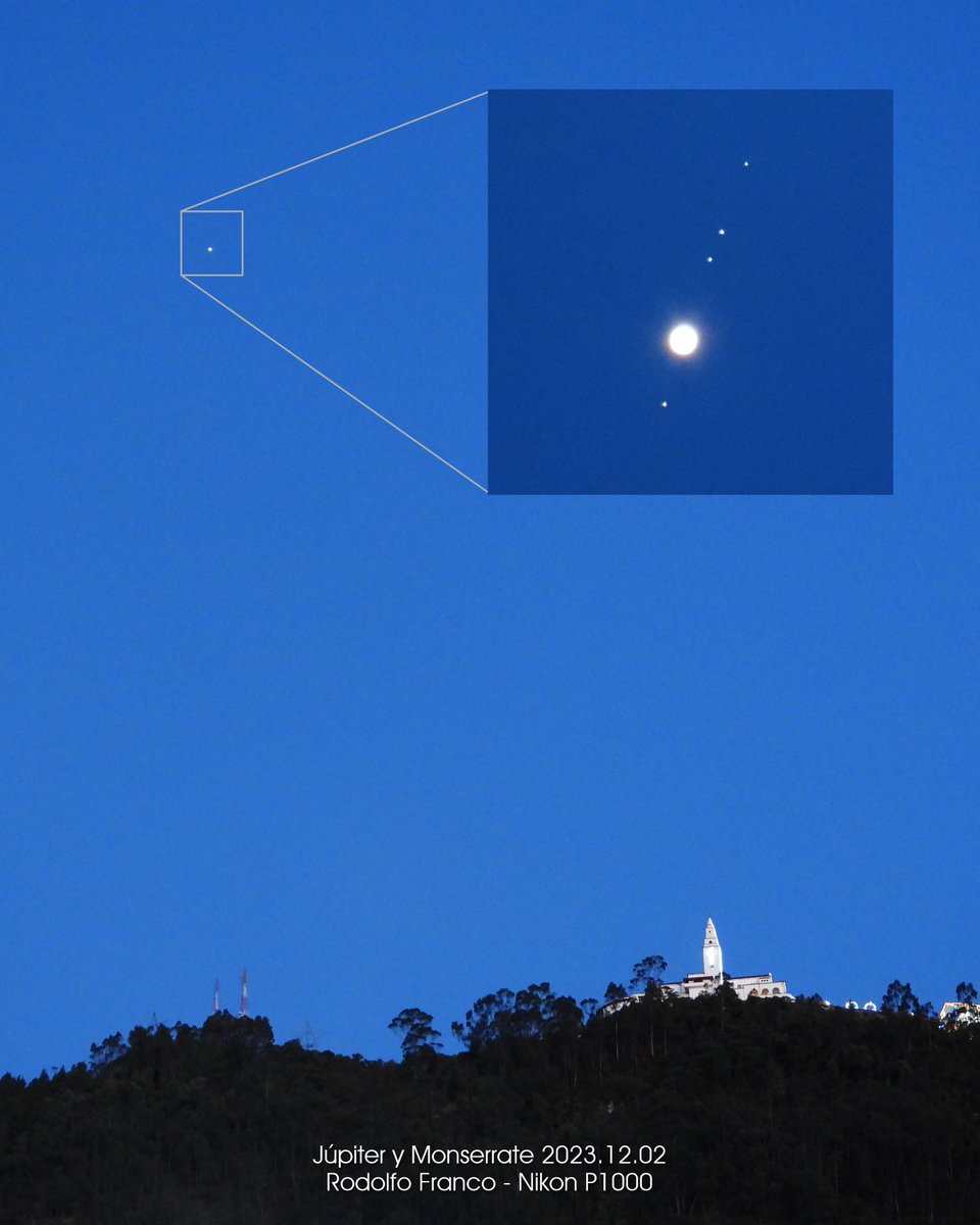 rodolfofrancoud's tweet image. En el cielo bogotano y al caer la tarde con vista al este se podrá ver a Júpiter arriba del Cerro de Monserrate. En este zoom se ven sus 4 lunas galileanas, de abajo hacia arriba: Ío, Europa, Ganímedes y Calixto. Cámara Nikon P1000 📷 #jupiter #lunas #monserrate #bogota #nikon