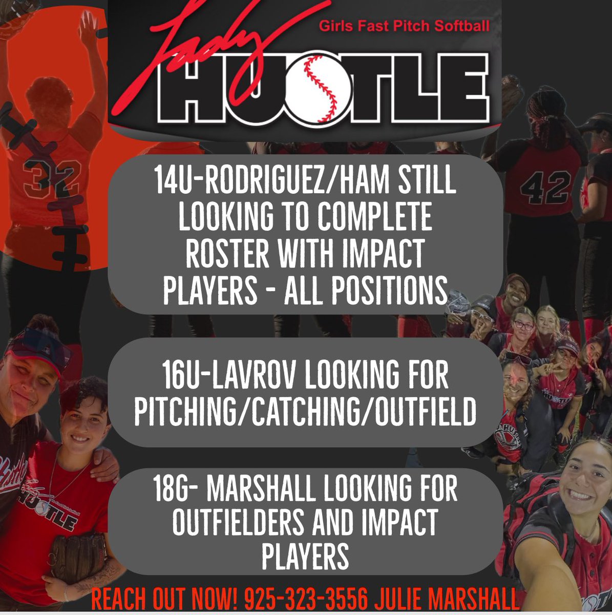 Tomorrow tryouts: 9-10am pitchers and catchers
10am-12pm positional players! 
@ Amador valley HS in Pleasanton, CA 

BE THERE!   Register now! 

ladyhustlefastpitch.sportngin.com/register/form/…