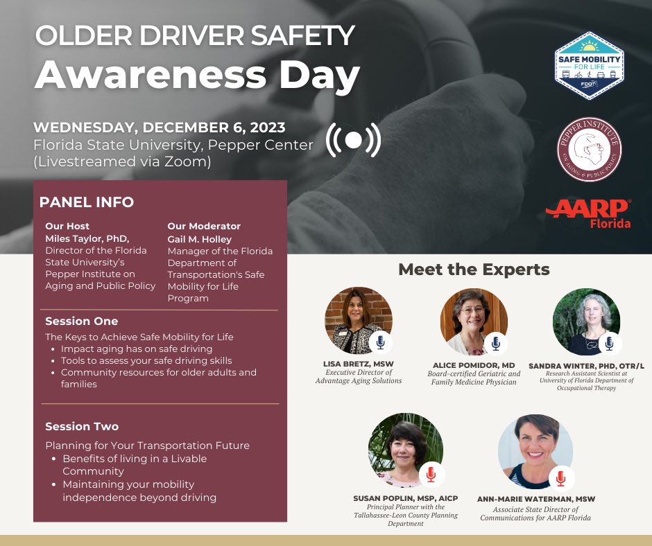 Safe Mobility for Life (@safemobilityfl) on Twitter photo #ODSAW23 is almost here! To celebrate we have teamed up with <a href="/FSUAging/">Pepper Institute on Aging and Public Policy</a> and <a href="/AARPFL/">AARP Florida</a> to host an inaugural Older Driver Safety Awareness Day. The hybrid event will take place Wednesday, Dec. 6 and livestreamed nationwide! Register today fdot.info/ODSAW23-Regist… #AgeFriendlyFL #ODSAW23 is almost here! To celebrate we have teamed up with <a href="/FSUAging/">Pepper Institute on Aging and Public Policy</a> and <a href="/AARPFL/">AARP Florida</a> to host an inaugural Older Driver Safety Awareness Day. The hybrid event will take place Wednesday, Dec. 6 and livestreamed nationwide! Register today fdot.info/ODSAW23-Regist… #AgeFriendlyFL