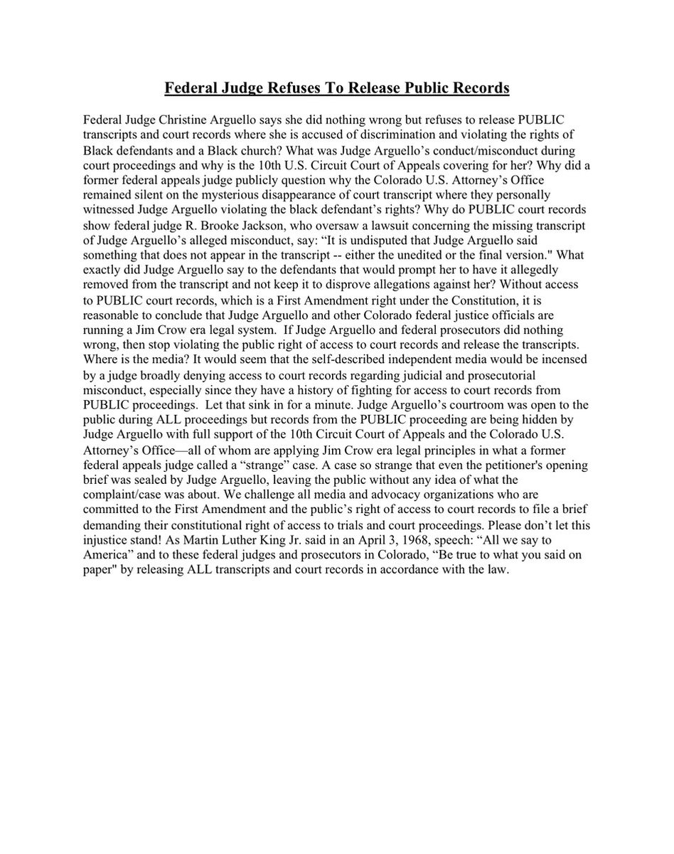 TTHOMAS55 (@t_thomas42) on Twitter photo .<a href="/BBCWorld/">BBC News (World)</a> 🚨 Judge Arguello’s courtroom was open to the public during ALL proceedings but records from the PUBLIC proceeding are being hidden by Judge Arguello!
For more info: Contact Lamont Banks, Executive Dir of A Just Cause
719-439-5951 or lbanks@a-justcause.com🚨 .<a href="/BBCWorld/">BBC News (World)</a> 🚨 Judge Arguello’s courtroom was open to the public during ALL proceedings but records from the PUBLIC proceeding are being hidden by Judge Arguello!
For more info: Contact Lamont Banks, Executive Dir of A Just Cause
719-439-5951 or lbanks@a-justcause.com🚨