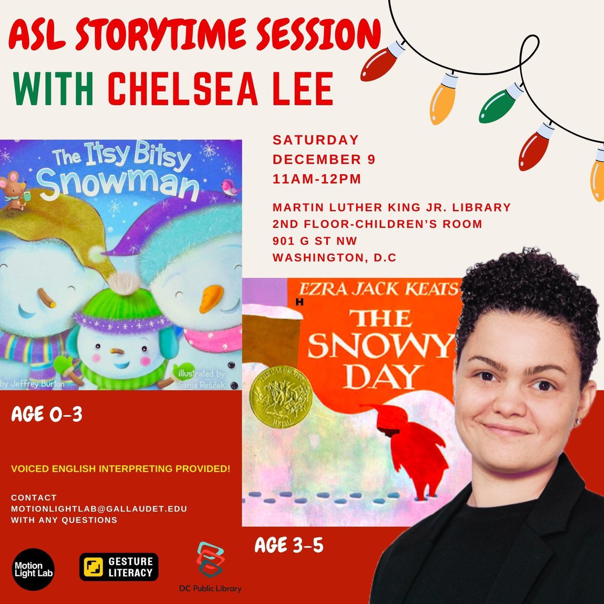 (1/5) 📚✨ Join us on December 9th at MLK Jr Library for a magical storytelling experience with the incredible Chelsea Lee! 📖 

From 11am-12pm, dive into the enchanting worlds of "Itsy Bitsy Snowman" for littlest ones (0-3) and "The Snowy Day" for adventurous 3-5 year olds. 🌨️❄️