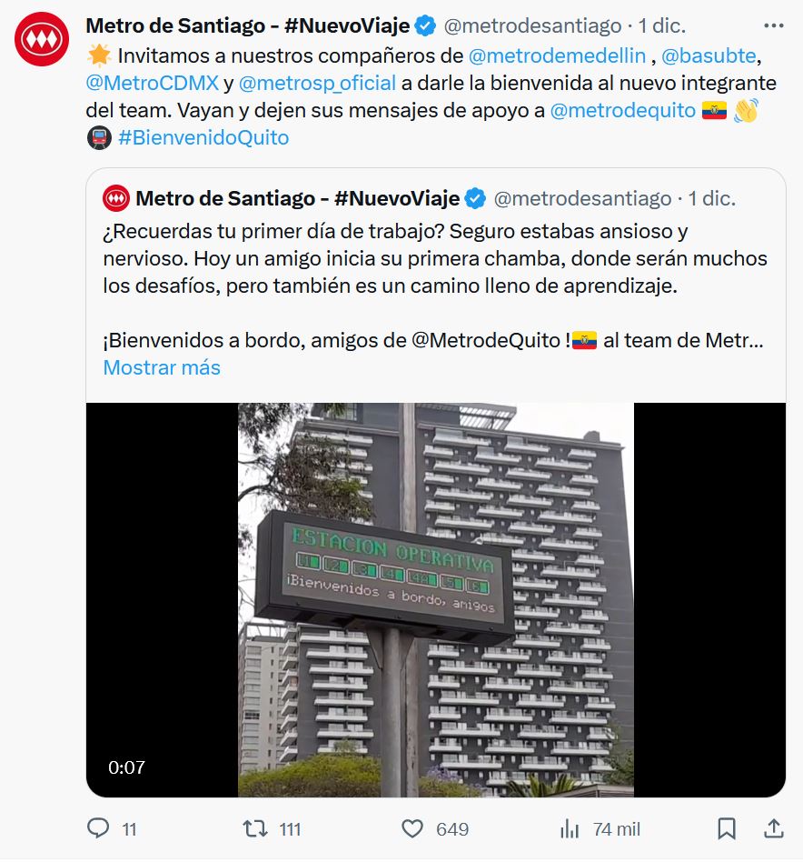 Cariñoso saludo por parte del <a href="/metrodesantiago/">Metro de Santiago - #50Años</a> 🇨🇱 para el <a href="/MetrodeQuito/">Metro de Quito</a> 🇪🇨. No es solo el inicio de un medio de transporte, sino el de un nuevo universo de posibilidades en economía, cultura y legislación🧵1
#MetroDeQuito #MetroQuito #quito