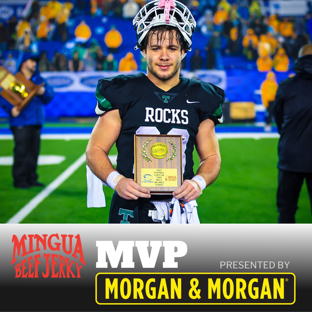 Congratulations to Trinity’s (Louisville) Clinton Sansbury on Mingua Beef Jerky MVP award presented by Morgan &amp; Morgan. <a href="/minguabeefjerky/">Mingua Beef Jerky</a> 
<a href="/forthepeople/">Morgan & Morgan</a>. #khsfb 📸 @bgsportsnation