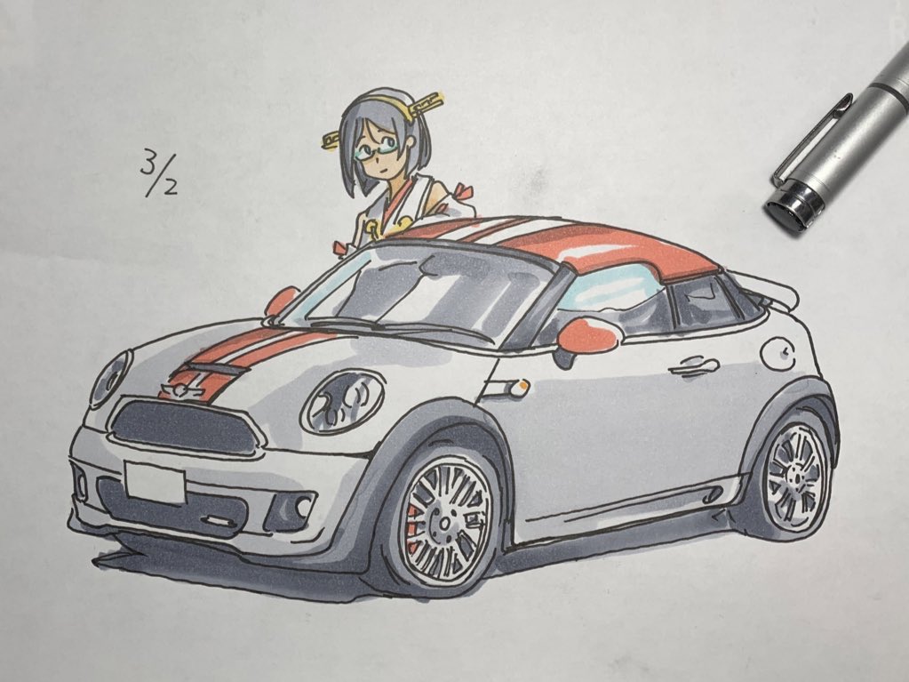 haruna (kancolle) vehicle focus motor vehicle ground vehicle car 1girl black hair sports car  illustration images