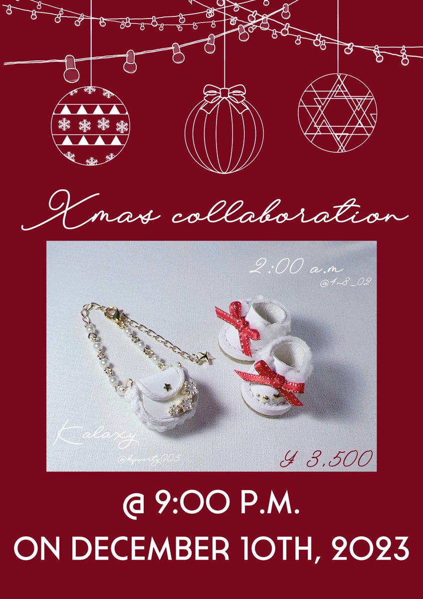 ✧ Collaboration ✦

     Kalaxy × 2:00 a.m.

  クリスマスをテーマにした
  コラボです🎄
┈┈┈┈┈┈┈┈┈┈┈┈┈┈┈┈
 12/10 21:00より下記リンク先にて
 頒布いたします！

《LINK》
kay-galaxy.booth.pm/items/5307252