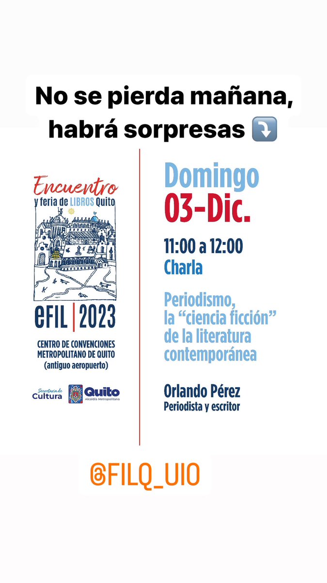 ‼️¿El periodismo ha muerto?‼️
El debate que no se aborda y se deja por fuera de la realidad, mañana en la <a href="/FilQ_uio/">Feria Internacional del Libro de Quito</a>, <a href="/culturaquito/">Secretaría de Cultura Quito</a> <a href="/pabelml/">Pabel Muñoz L.</a> 
#QuitoRenace #feriadellibro