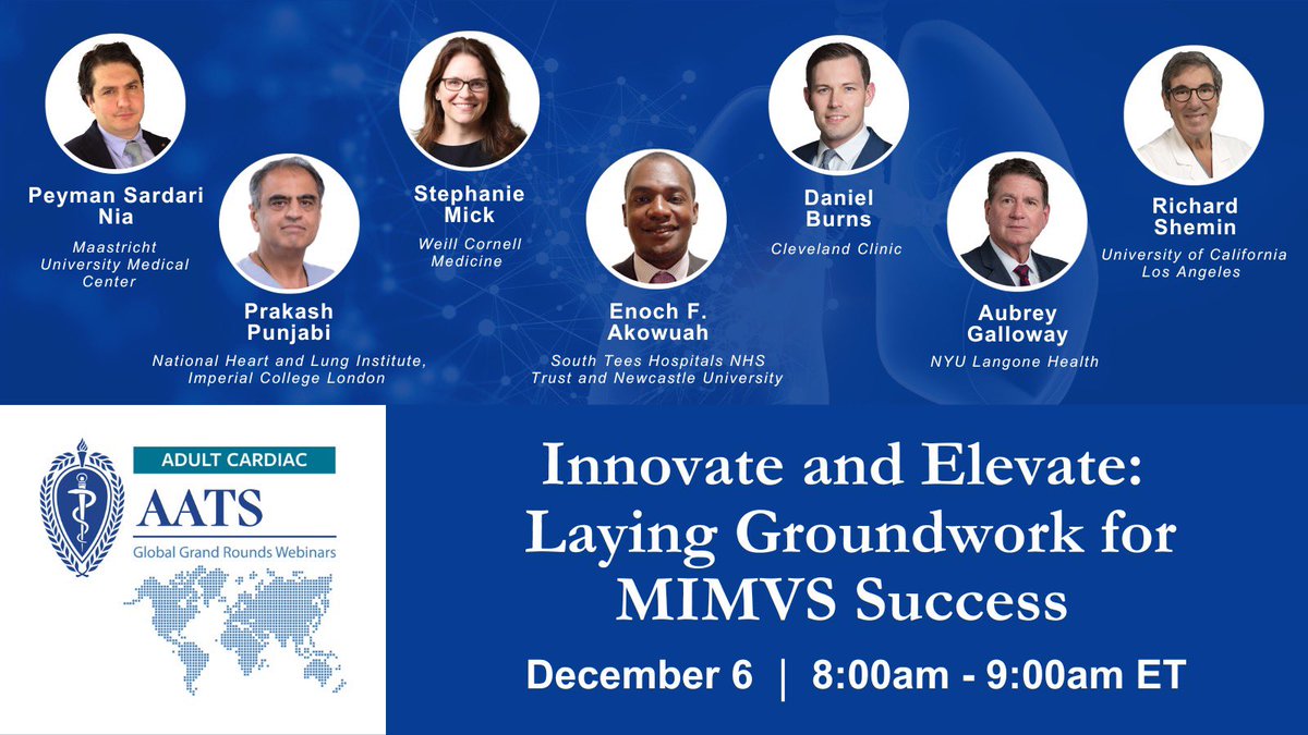 Dr. Daniel Burns (@djpburns) on Twitter photo Join us Wednesday Dec. 6 for <a href="/AATSHQ/">AATS</a> Global Grand Rounds - Groundwork for Success in Minimally Invasive Mitral Valve Surgery.
Register here:
aats.org/events/innovat…
<a href="/AATSJournals/">AATS Journals</a> <a href="/StephanieLMick1/">Stephanie L. Mick, MD</a> Join us Wednesday Dec. 6 for <a href="/AATSHQ/">AATS</a> Global Grand Rounds - Groundwork for Success in Minimally Invasive Mitral Valve Surgery.
Register here:
aats.org/events/innovat…
<a href="/AATSJournals/">AATS Journals</a> <a href="/StephanieLMick1/">Stephanie L. Mick, MD</a>