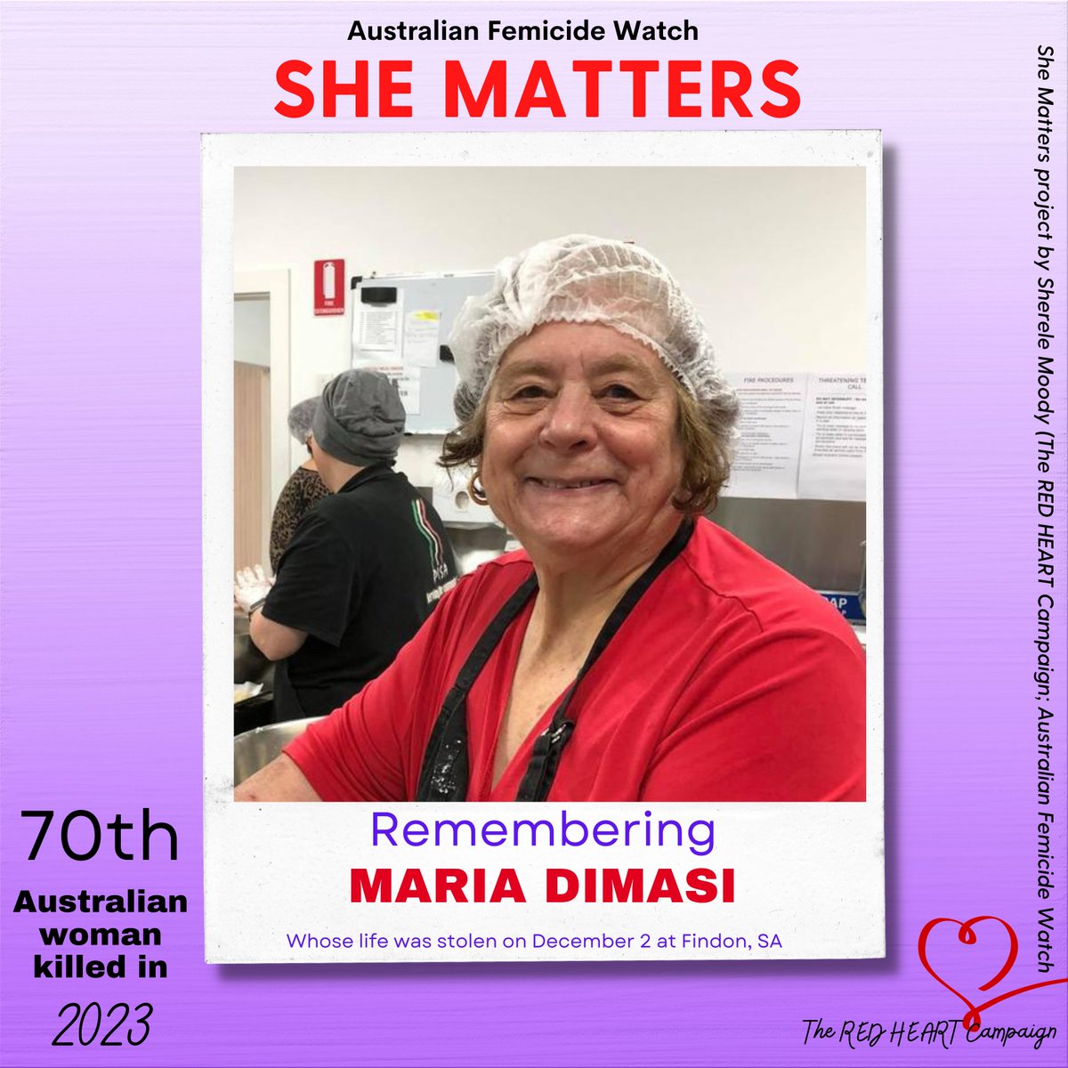 ShereleMoody's tweet photo. ❤️SHE MATTERS: MARIA DIMASI!❤️

For the second time in two days, I am documenting the face and the name of another Australian woman killed.
This is 85-year-old Maria Dimasi. 
On Saturday evening, police found her murdered in her home at Findon, SA. 
Her husband is in custody in hospital. 
Maria is the 70th Australian woman killed in 2023 and the eighth woman killed since November 16.
Maria was an amazing member of her community and an incredible Aussie. She was a great-grandmother, grandmother and mother. She loved to cook and would often share her dishes and recipes with people in her neighbourhood.
It's reported she was in good health - despite many commentators taking to social media to say her death was some sort of act of 'mercy'.
Hint. Murder is not an act of mercy - It never has been and never will be. 
No matter a woman's age or health, she deserves to live her life in peace and to die without violence. 
RIP MARIA DIMASI! ❤️

❤️The Memorial to Women and Children Lost to Violence: https://t.co/QJ2OuxMB8C
❤️The Australian Femicide & Child Death Map: https://t.co/HUEd7YnyWr

I document ALL unlawful deaths of women and children, regardless of perpetrator gender or relationship between the person killed and the accused. This means not every death is due to domestic and family violence. Australians are also killed by strangers, friends, colleagues, neighbours and other people known to them.

IF YOU OR SOMEONE YOU KNOW NEEDS HELP PLEASE CALL:
❤️1800 Respect National Helpline: 1800 737 732
❤️Women's Crisis Line: 1800 811 811
❤️Men's Referral Service: 1300 766 491
❤️Mensline: 1300 789 978
❤️Lifeline (24 hours): 131 114