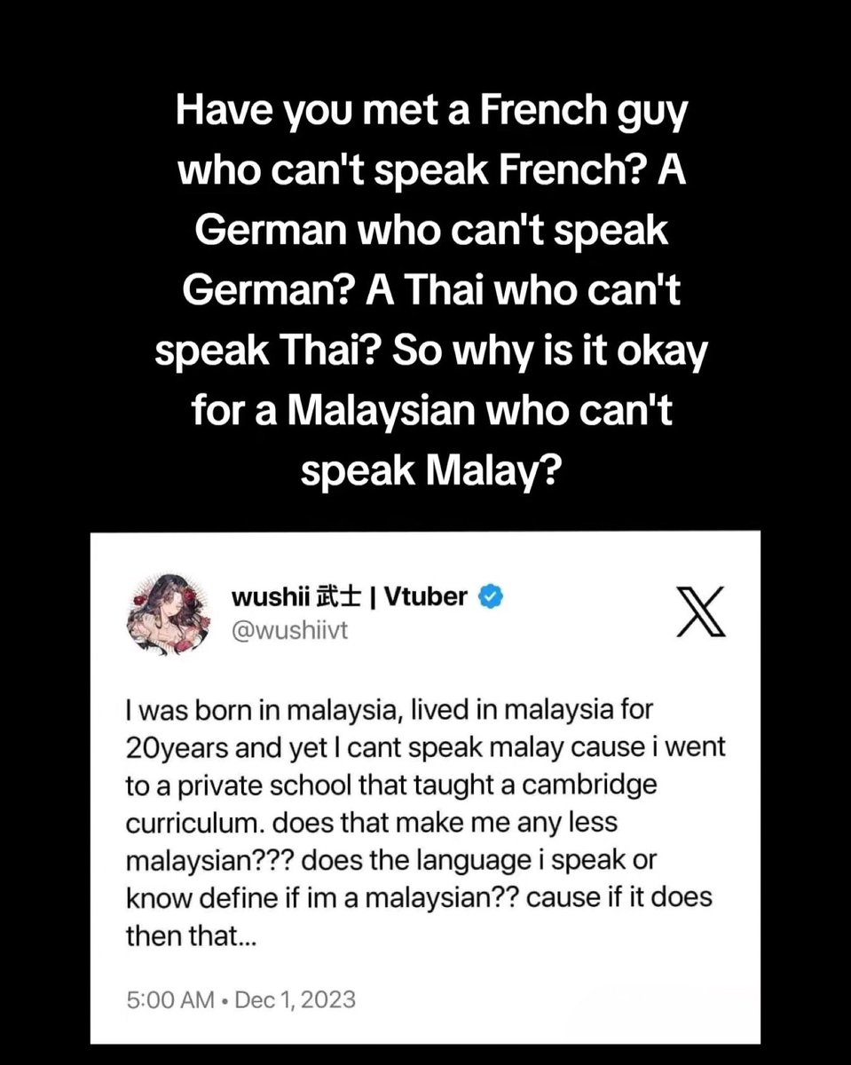 WVGIF's tweet photo. FRANCIS: Saya berketurunan Cina, ibu bapa saya Cina, dan saya lahir di Perancis. Sebab itu nama saya Francis dan saya berasimilasi. 

WUSHII: i wAs bOrN In mAlAySiA, LiVeD In mAlAySiA FoR 20 YeArS AnD YeT I CaN’T SpEaK MaLaY. DoEs tHaT MaKe mE AnY LeSs mAlAySiAn?

Bitch please. https://t.co/x50YuaoD9h