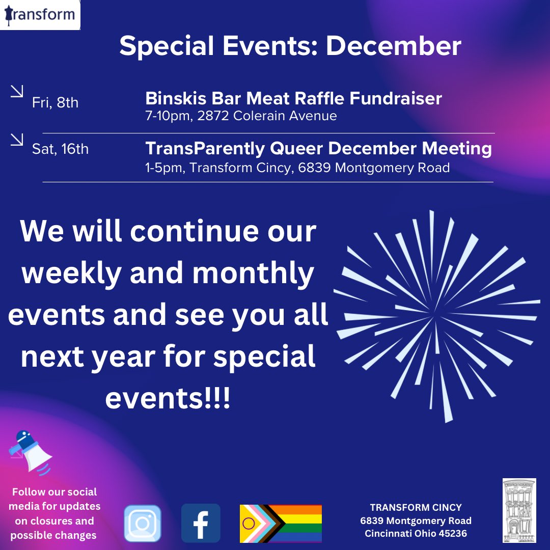 Our calendar of events! Our weakly and monthly events are recurring and will continue every month. Hope to see some of you soon as we have expanded!!!