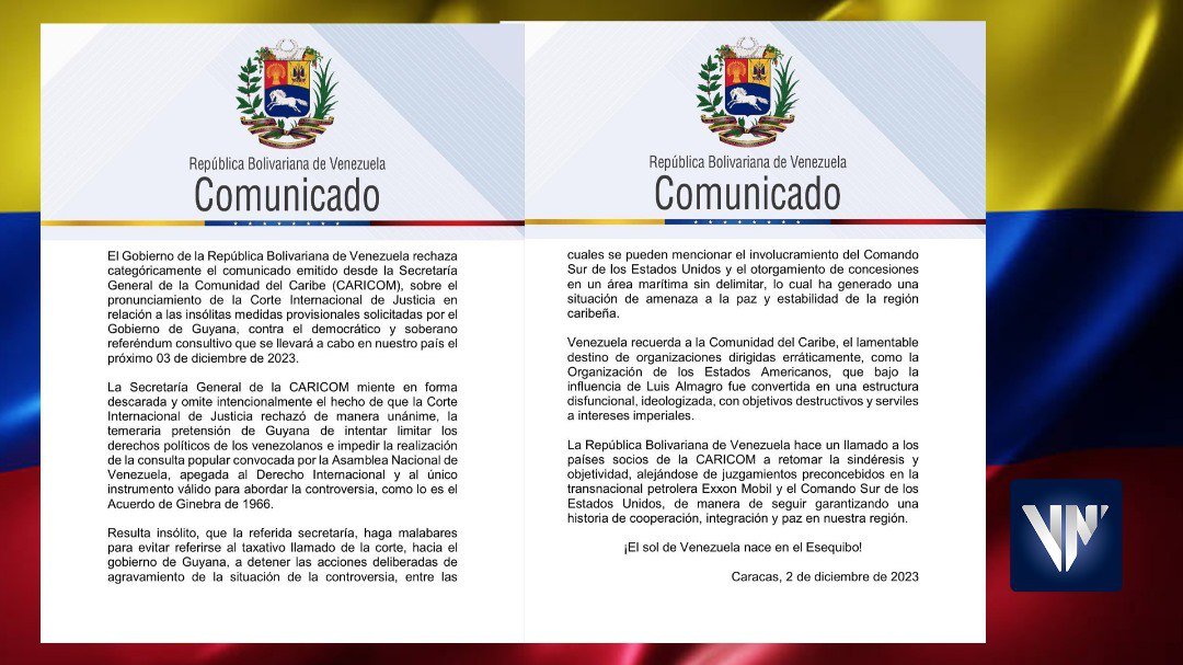 Venezuela responde a CARICOM en torno al Esequibo: Alerta que el organismo “miente de manera descarada”
#AbracemosElEsequibo #2Dic #Esequibo