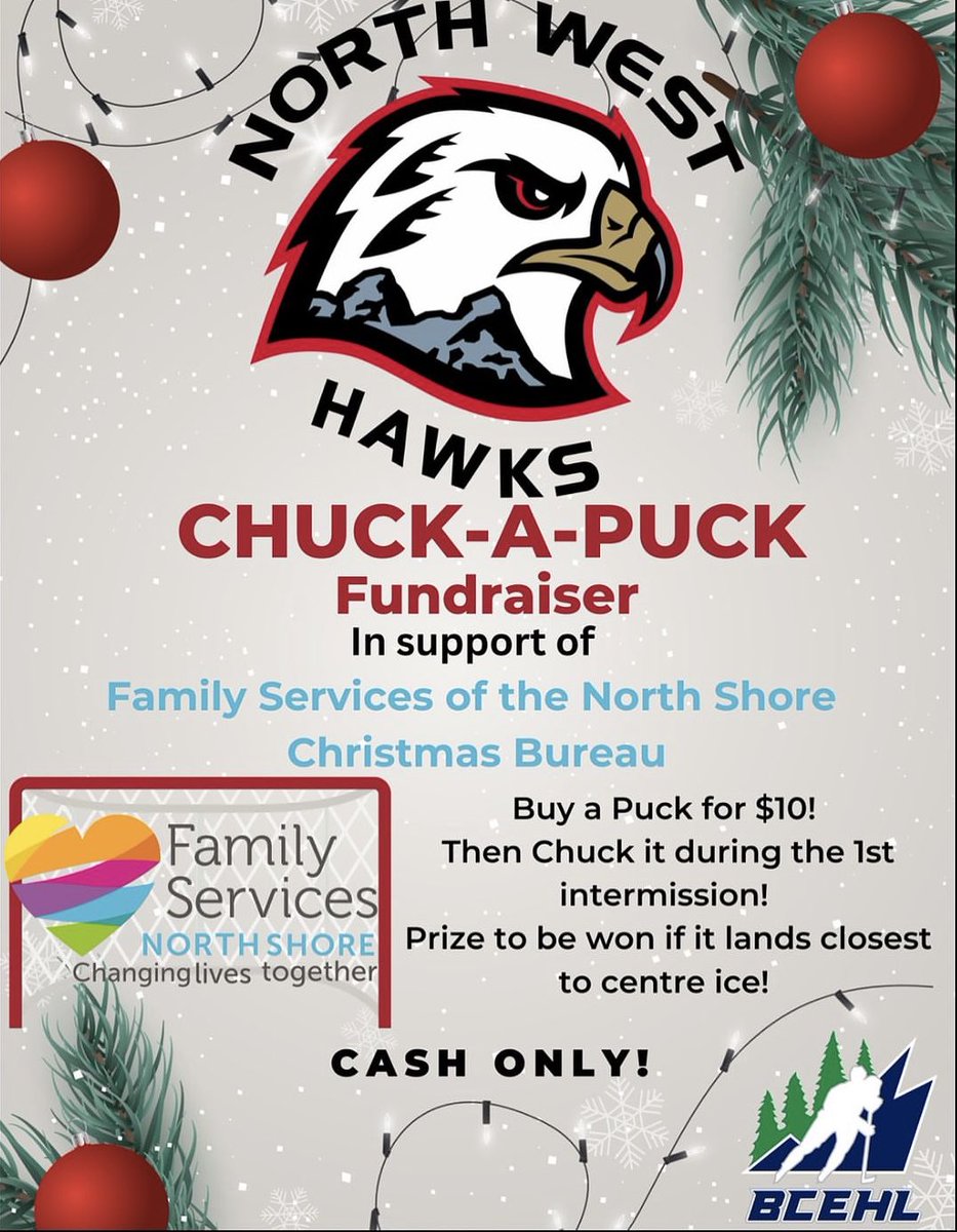 The U15 &amp; U18 Chuck-A-Puck events in support of Family Services of the North Shore are on this weekend! 
The U15’s will take on the Rockets at 6:10pm &amp; U18’s take on the Giants at 8:45pm. Come to Hollyburn Saturday night &amp; purchase a few pucks for your chance to win! CASH ONLY