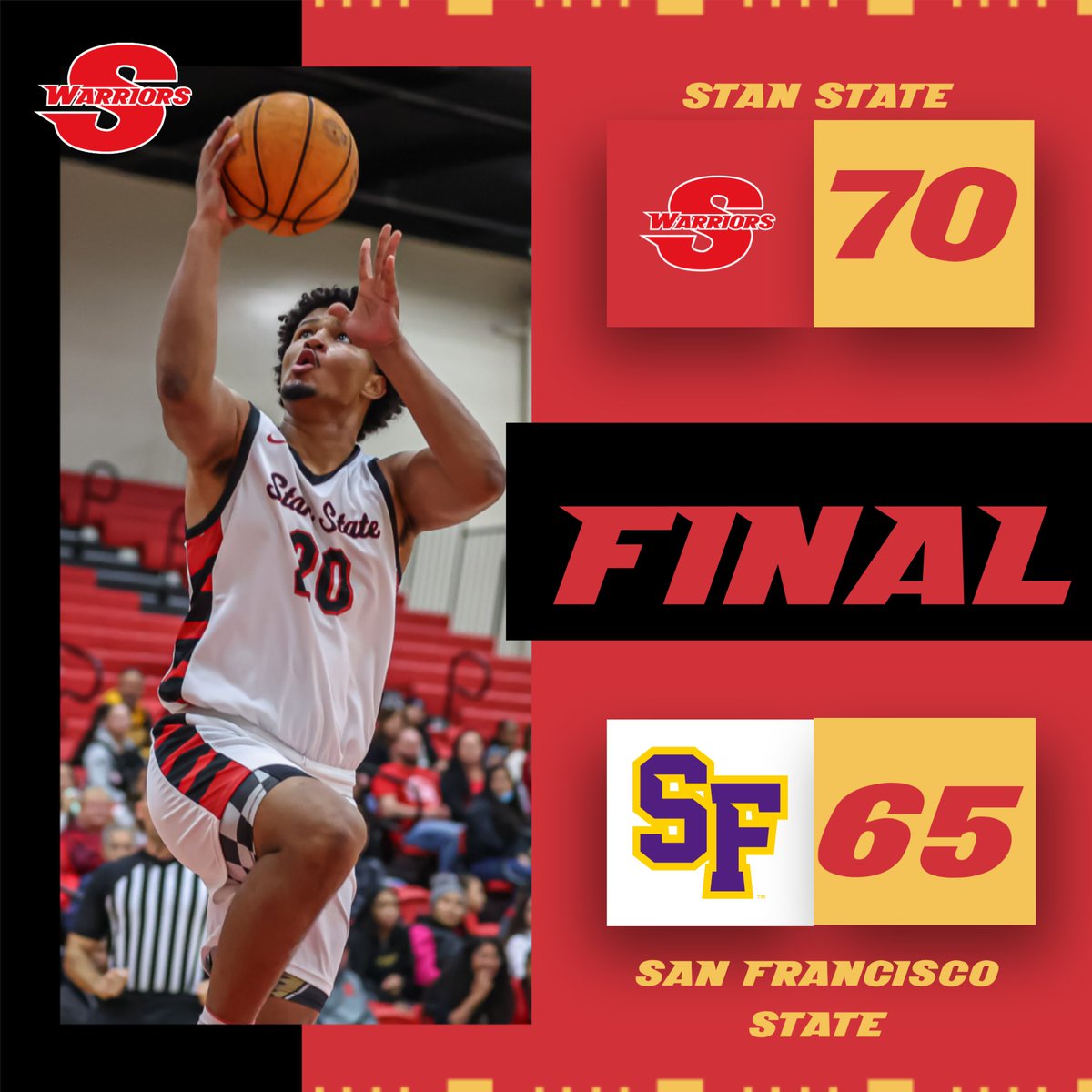 FINAL:  Warriors finish weekend 1-1 with 70-65 victory over SF State.  Daniel Ameyaw leads the way with 18 points and 12 rebounds.  WIll Chavarin with a key three to secure five-point victory.  #ValleyTough