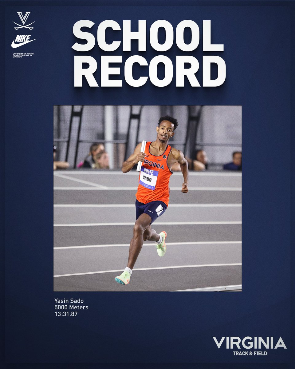 UVATFCC's tweet photo. 🚨 SCHOOL RECORD 🚨

Yasin Sado shatters a personal-best and sets the Virginia record in the 5000 meters running 13:31.87 🔥

#GoHoos⚔️ https://t.co/nKT6CbM3yX