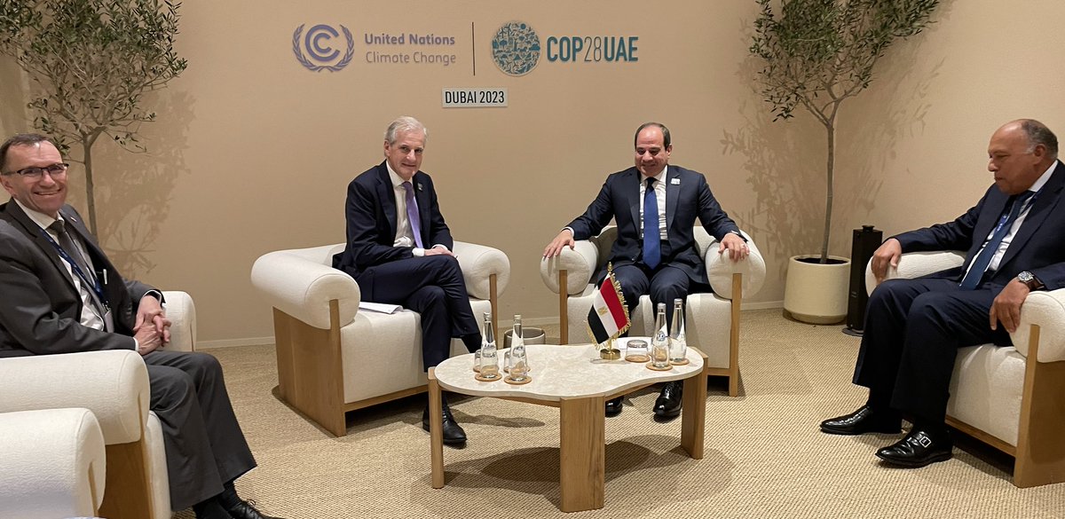 Utenriksdepartementet (@utenriksdept) on Twitter photo Statsmin. & umin <a href="/EspenBarthEide/">Espen Barth Eide</a> diskuterte den katastrofale situasjonen i #Gaza & behovet for humanitær våpenhvile m/Egypts president Sisi
Takket Egypt for hjelp til å evakuere norske borgere fra Gaza
Egypt har kommet langt i utnytte fornybare energikilder #COP28 Statsmin. & umin <a href="/EspenBarthEide/">Espen Barth Eide</a> diskuterte den katastrofale situasjonen i #Gaza & behovet for humanitær våpenhvile m/Egypts president Sisi
Takket Egypt for hjelp til å evakuere norske borgere fra Gaza
Egypt har kommet langt i utnytte fornybare energikilder #COP28
