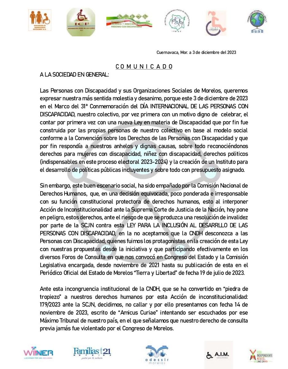 PCDyDEMOCRACIA's tweet photo. Casi teníamos las personas con  #discapacidad algo q celebrar este Día Internacional de #PCD Era nueva Ley emanada de Foros Consulta convocados  x @MorelosCongreso pero @CNDH echó a perder x acción errónea. @SCJN pedimos principio de #progresividad a #DH @RosarioPiedraIb https://t.co/1XUy1pz4jh