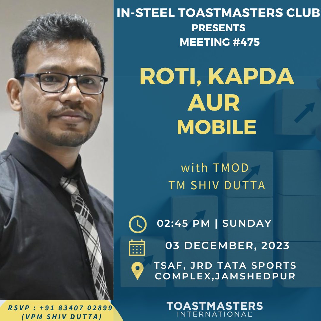 InsteelTM's tweet photo. You are cordially invited to the 475th meeting of In-Steel Toastmasters Club!!     

Theme - Roti, Kapda aur Mobile

🗓️ Date: 03rd December 2023 
🕥 Time: 2:45 PM- 5.00PM
🏢 Venue: TSAF, JRD Tata Sports Complex, Jamshedpur https://t.co/5sMkAn5O1P