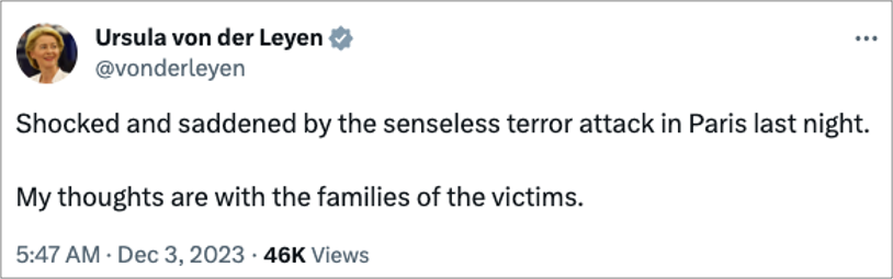 Crocodile tears in the absence of conscience - Madame @vonderleyen is 'shocked and saddened' by the murders in #Paris, primarily caused by her own imposed failed migration policies. No apologies as of yet. I wouldn't expect any. [By the way, most other #EU leaders are no…