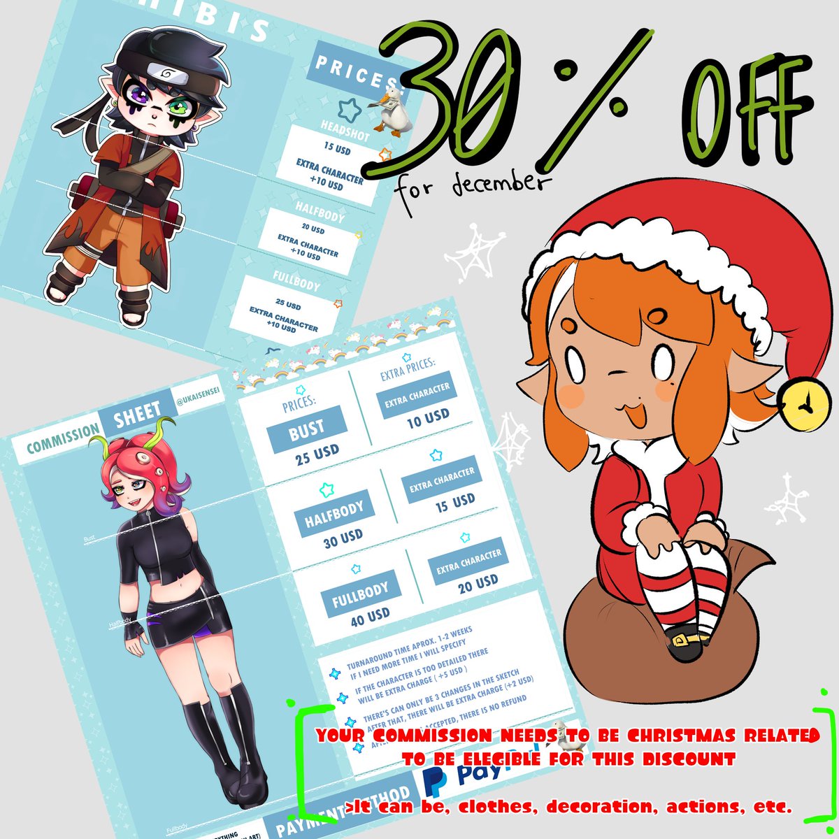 IT'S TIMEEEEEEEEE ✨🎄🎅
I HAVE DISCOUNTS OF 30% ON DECEMBER COMMISIONS CHRISTMAS RELATED
rts are appreciated, likes too <3 ✨✨✨
#splatoon #commissions