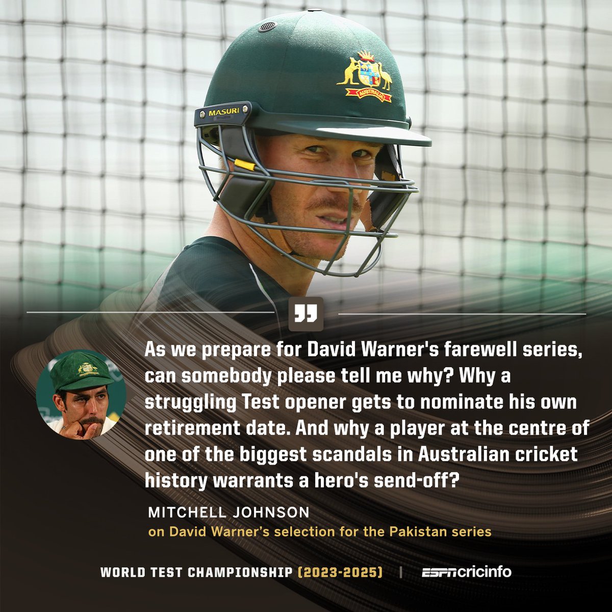 ESPNcricinfo's tweet image. 🗣️"He's still never really owned the ball-tampering scandal"

In his column for 𝑇ℎ𝑒 𝑊𝑒𝑠𝑡 𝐴𝑢𝑠𝑡𝑟𝑎𝑙𝑖𝑎𝑛, Mitchell Johnson stated that Warner's desire for a Test farewell on his terms reeked of the same "arrogance and disrespect" as the sandpaper incident

👉…