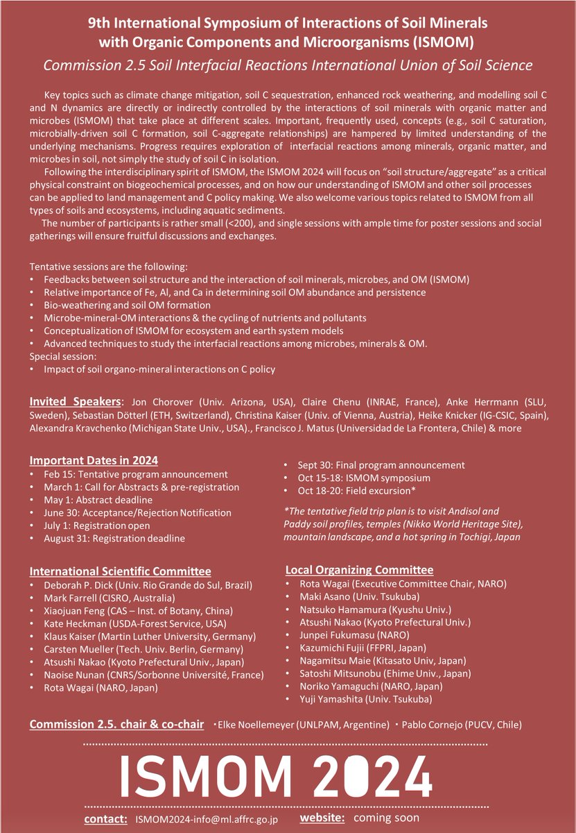 I want to share the flyer of the 9th International Symposium of Interactions of Soil Minerals, Organic Matter, and Microbes (ISMOM 2024, Oct 15-18*, Japan) on behalf of the organizing and international scientific committee. Let's dig deep into the soil interactive processes!