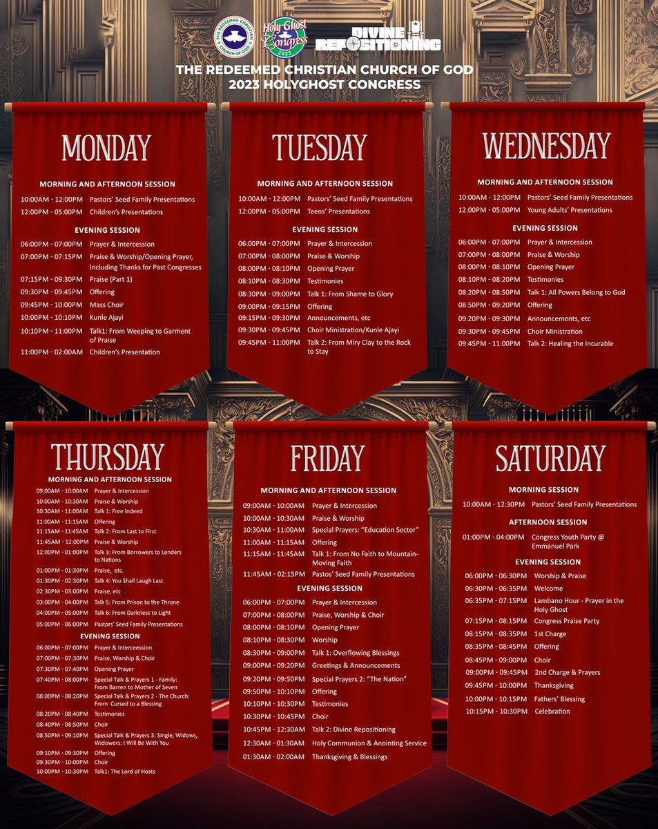 TheHGCongress's tweet photo. This is a schedule for all the programs that will be happening during the 2023 Annual Holy Ghost Congress.
The programs have been divinely selected by God for you to experience Divine Repositioning in every area of your life.
Get ready for your divine repositioning.

#HGC2023 #DivineRepositioning