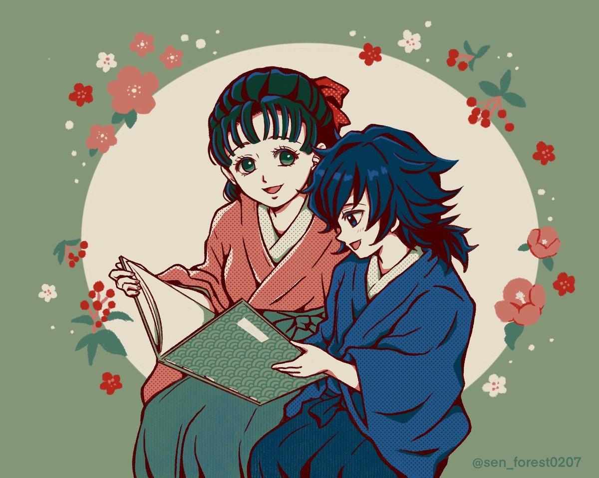 tomioka giyuu 1boy 1girl japanese clothes smile kimono book bangs  illustration images