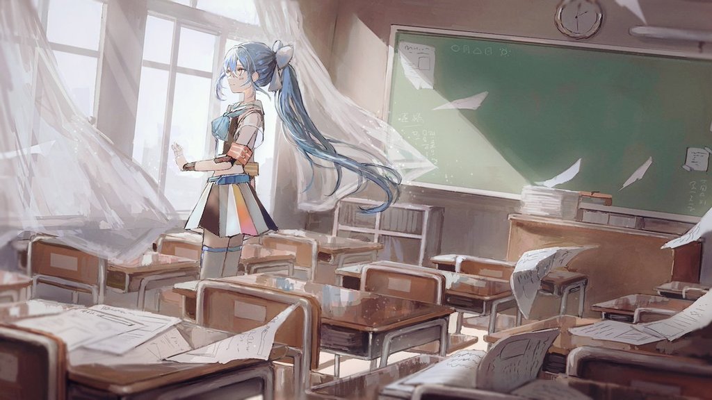 1girl classroom desk long hair solo chalkboard school desk  illustration images