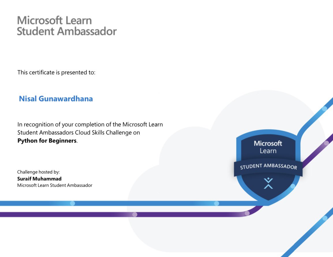 thenisals's tweet image. 🚀Just completed up the Microsoft Cloud Skills Challenge: Python for Beginners. Grateful to Suraif Muhammad for the guidance! Ready to leverage my Python skills
#CloudSkillsChallenge #PythonBeginner #mslearn #Microsoft