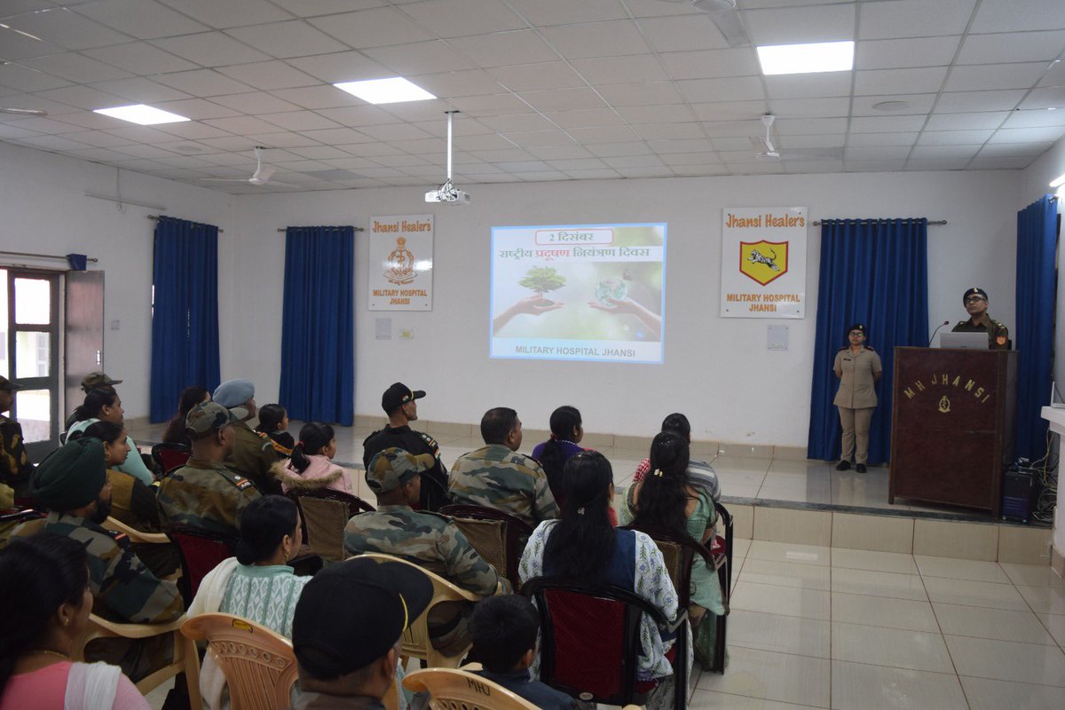 dgafms_mod's tweet image. #PollutionControlDay was celebrated at #MilitaryHospital Jhansi on 02 Dec 2023. A Central health awareness lecture was conducted by Lt Col Arun Kumar, Medical officer and Lt Neha Mishra, Nursing Officer for troops and families who were sensitised about ill effects of air, water…