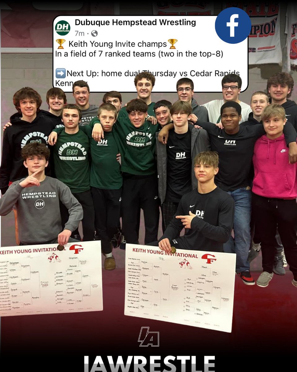 IAwrestle's tweet photo. Keith Young Invite Champs = @DH_Wrestling 
1. Dubuque Hempstead - 184.5
2. Ankeny Centennial - 177.0
3. Norwalk - 166.0
4. North Scott - 154.0 
5. Valley, West Des Moines - 133.5

#IAhswr https://t.co/a3FYuyczWE