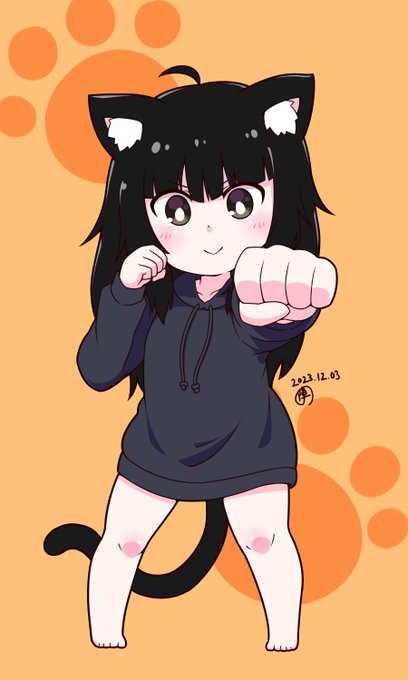 ようやく色塗りました。めがてる(@M_terU116 )さんちのくろねこちゃんを3頭身で描きました🐈✊ 