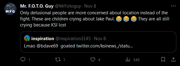 twitter.com/MrFotoguy/stat… I'm the young one? You say you're all about 'mature and respectful' conversations then spend 80% of your time dong-riding Jake Paul and picking fights on his behalf. Being a Jake Pauler automatically disqualifies you from ever calling anyone 'young' lol