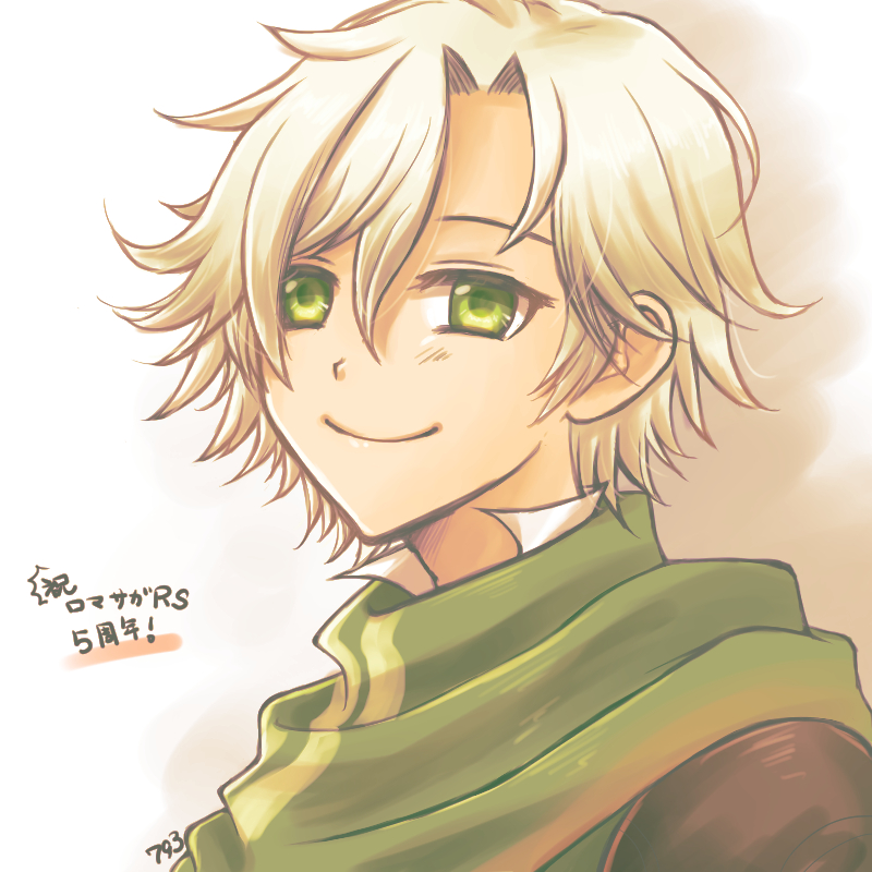 1boy male focus solo green eyes smile blonde hair scarf  illustration images
