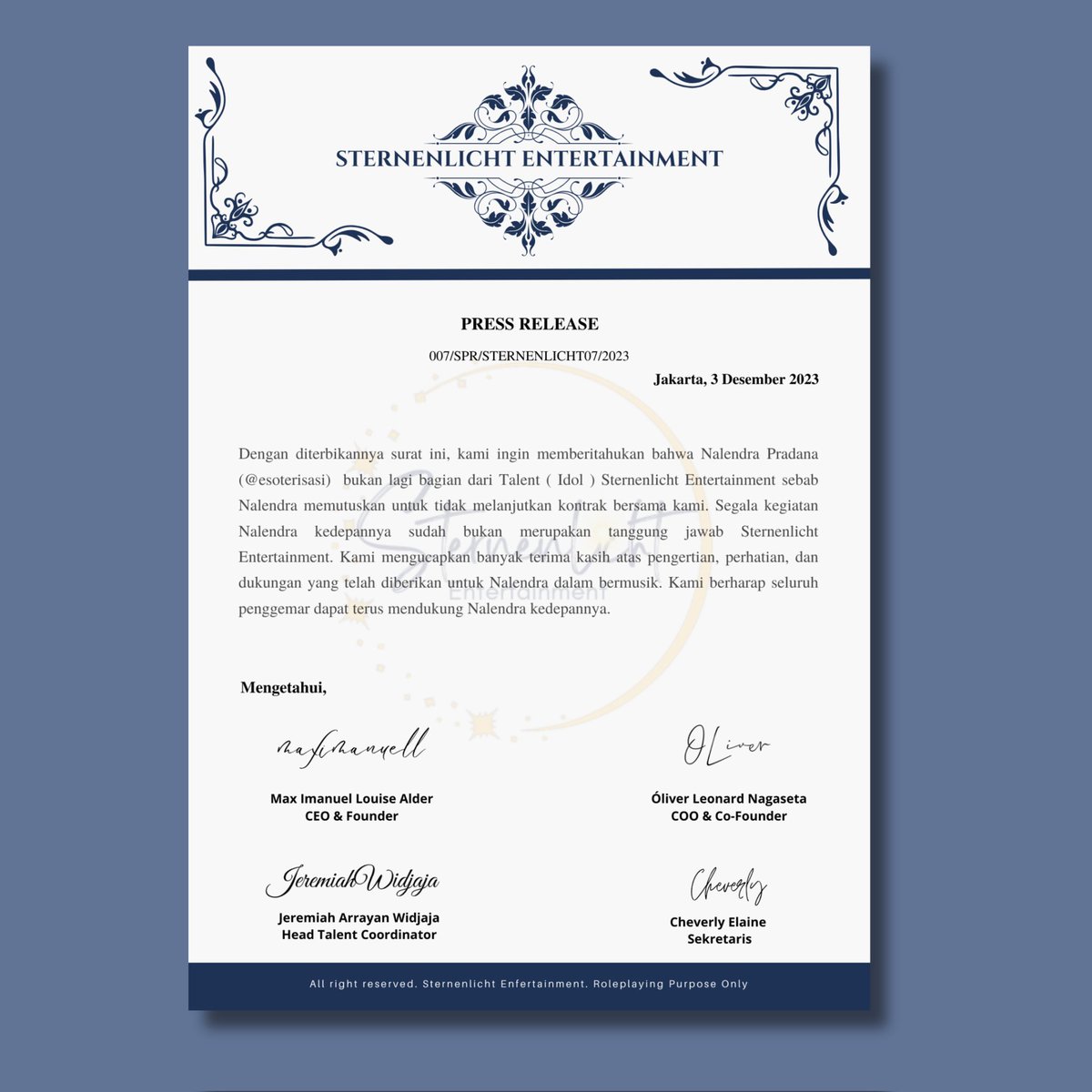 ㅤ
ㅤ
               𝐒𝐓𝐄𝐑𝐍𝐄𝐍𝐋𝐈𝐂𝐇𝐓 𝐄𝐍𝐓. 
                     PRESS RELEASE

ㅤㅤ