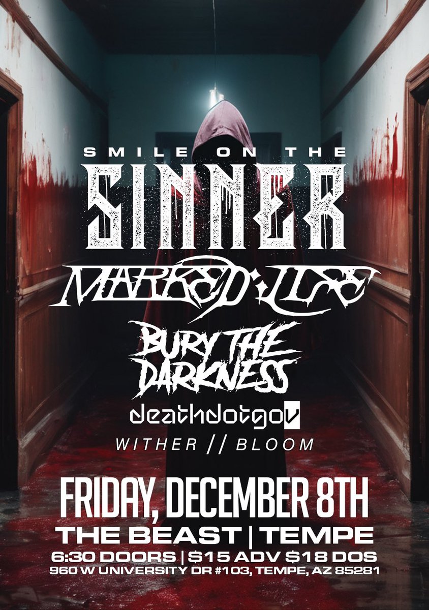 🚨SHOW ANNOUNCEMENT🚨

Playing this insane show next week on December 8th with our boys in Smile on the Sinner! Snag your tickets from the link in our bio🩸
