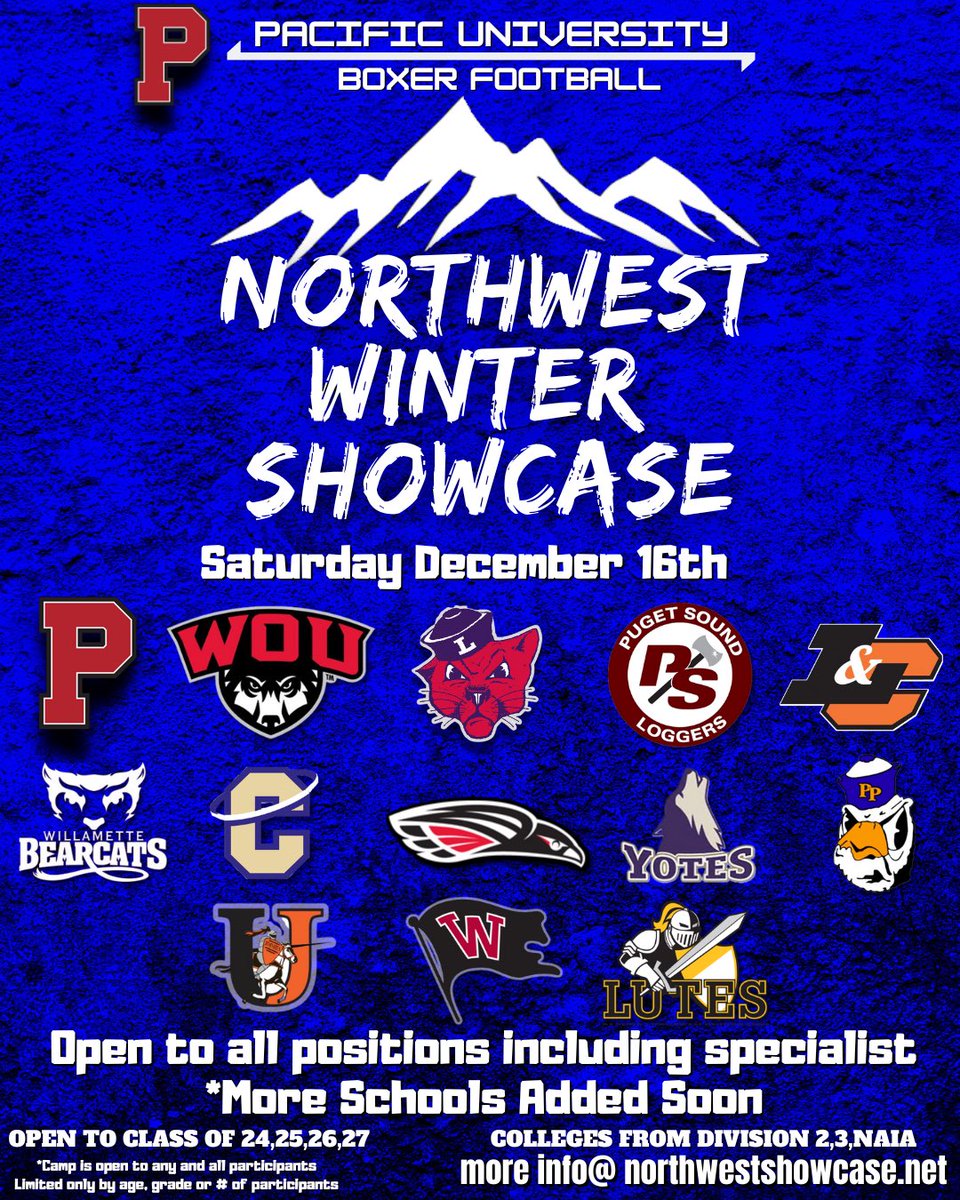 ❄️2 Weeks ❄️ 🗓️December 16th 📍Pacific University ⭐️Indoor and outdoor facility 🏈Colleges from division 2,3 and NAIA 📰 Local and National Media 🎓Open to class of 24,25,26,27 🚨More Schools Announced Soon ⭐️ Limited spots left! 💻northwestshowcase.net/northwest-wint…