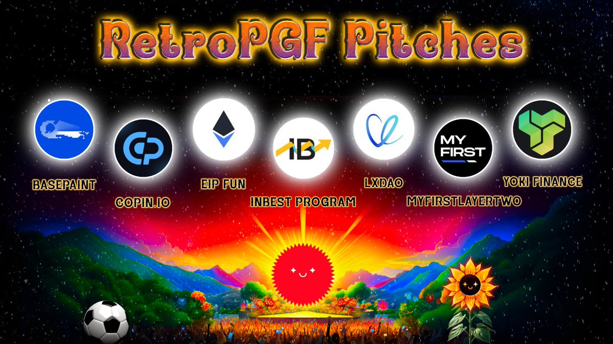 optimystics_'s tweet image. Join us on Monday, 4th Dec at 18:00 UTC for the third RetroPitches event for a fun social game featuring @Basepaint_xyz, @Copin_io, @EIPFun, @InBestProgram, @LXDAO_Official, and @Yokifinance ✨
RetroPitches give public goods creators a stage to promote their RetroPGF grant…