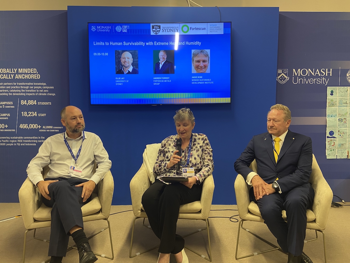 Dr. Andrew Forrest (Fortescue) and Professor Ollie Jay (University of Sydney) hosted by A/Prof Angie Bone (@MonashUni) at the #Monash #COP28 pavilion, unravelled the crucial nexus between humidity, temperature, and human survival! #ClimateAction #Sustainability