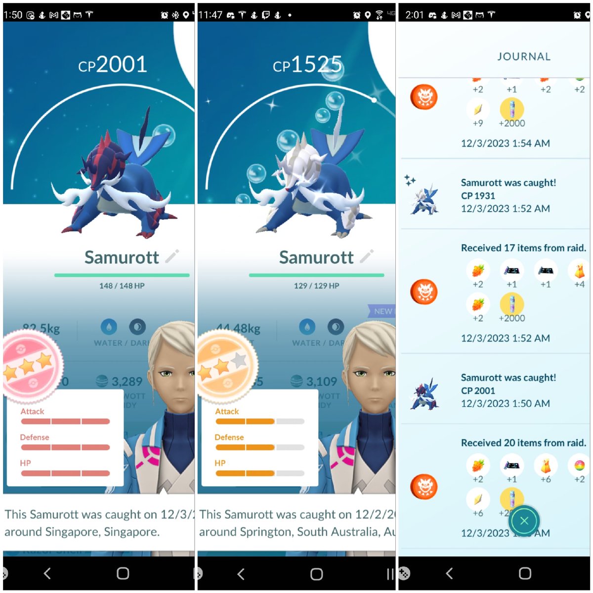 randyjsu's tweet image. Fantastic pre-raid day haul. Thanks Lego071 for the Singaporean hundo, and @ProPlanty for the shtendo 🤣. Laughably predictable the raid after the hundo is a shiny, and all my shinies so far are 2* #PokemonGO #HisuianSamurott