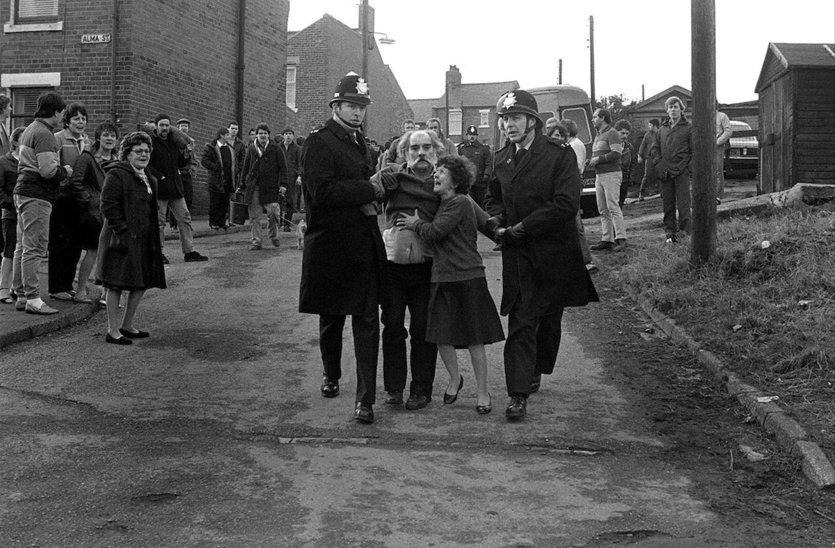 Easington in 1984 by Keith Pattison. Josie Smith, a retired and disabled miner, is arrested outside his home and his distraught wife tries to stop the police taking him away. I never thought we’d see a Labour leader praising Margaret Thatcher but here we are.
