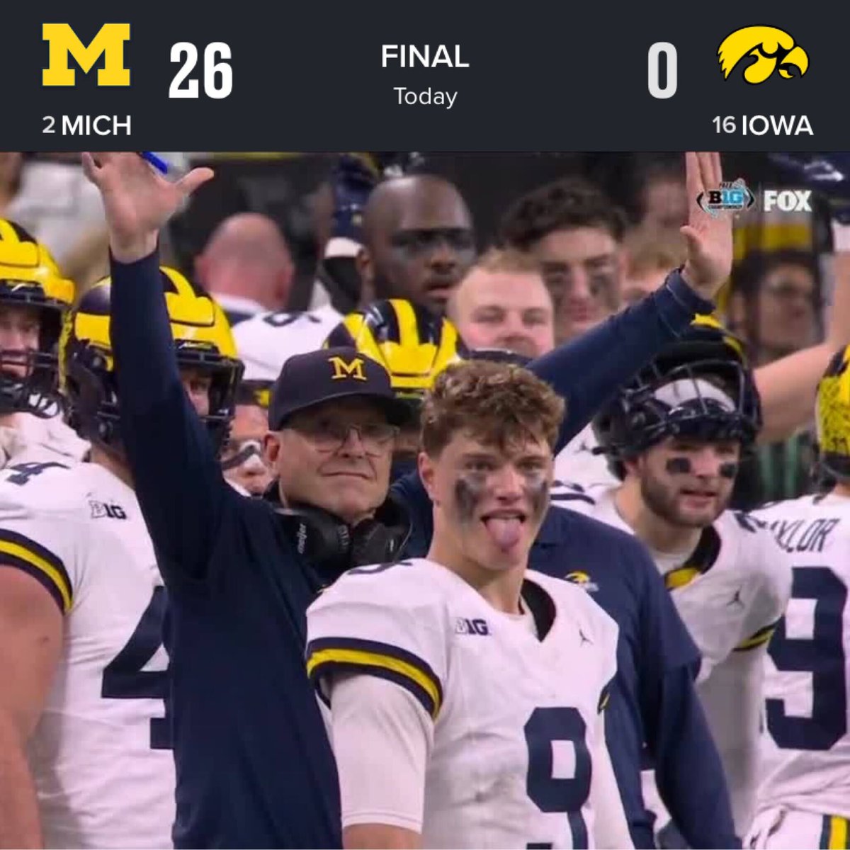 BleacherReport's tweet photo. Michigan rolls past Iowa in the Big Ten championship 〽️

J.J. McCarthy: 22-30, 147 YDs
Blake Corum: 16 carries, 52 YDs, 2 TDs https://t.co/narbYjMSDY