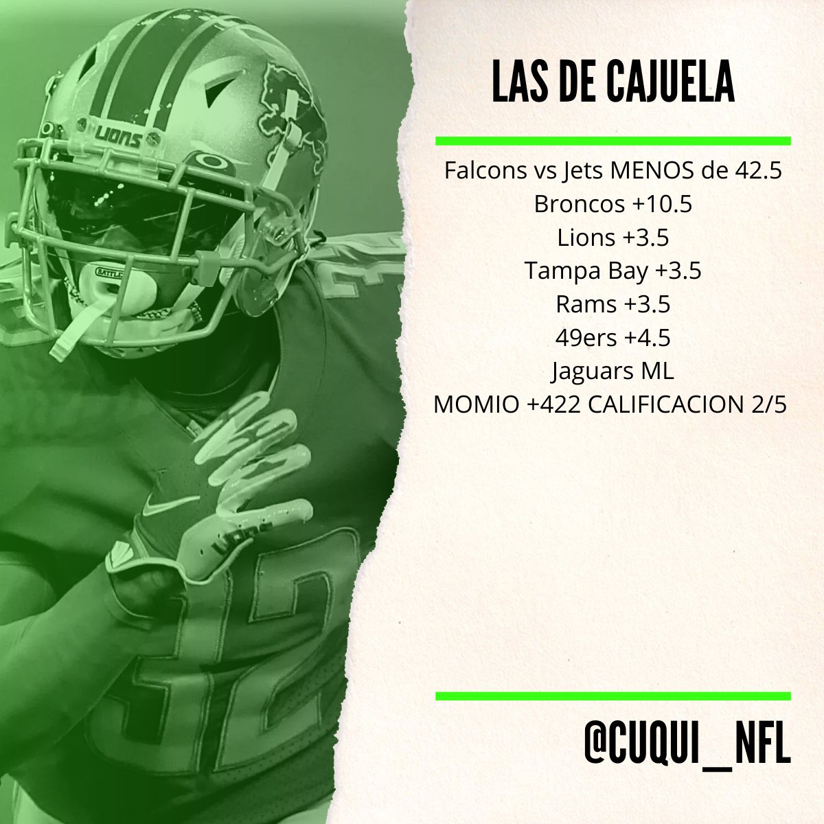Cuqui_NFL's tweet photo. SEMANA 13 TEMPORADA 2023🏈

Los tickets de cada semana, respetando como siempre nuestra regla, no hay ticket con momio de -125 o peor.

Feliz Semana 13!!!🏈 https://t.co/H6FeFFVfMo