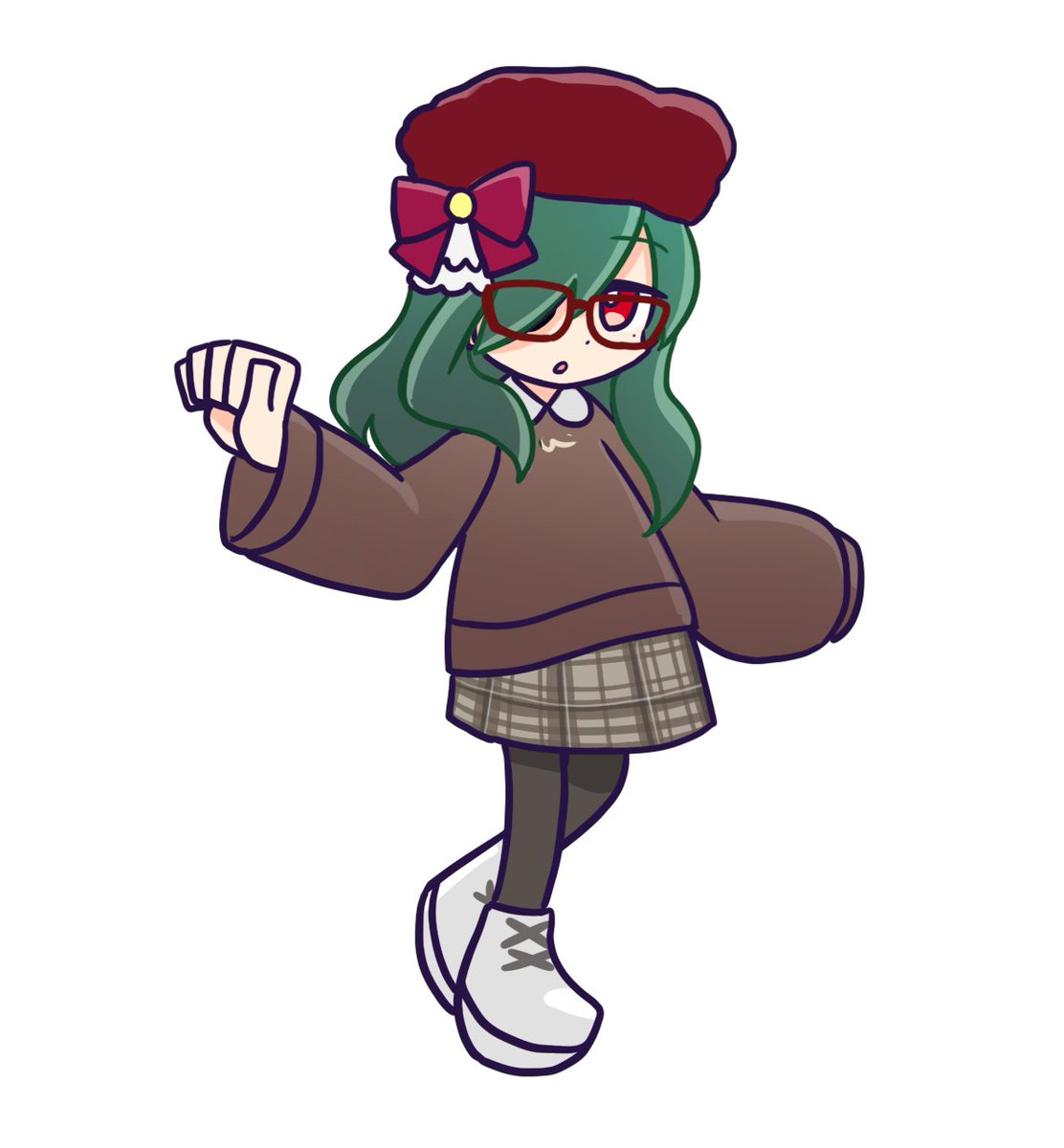 1girl solo red headwear green hair hat skirt red eyes  illustration images
