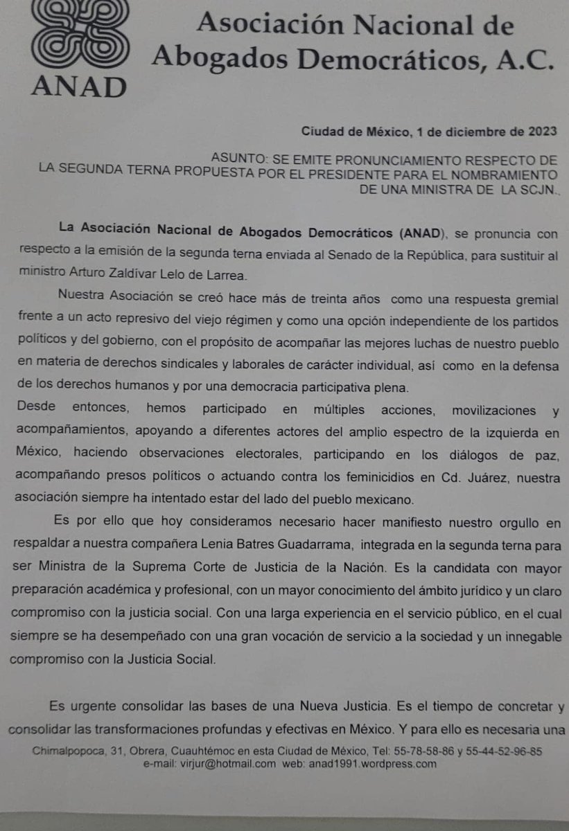 LeniaBatres's tweet photo. La Asociación Nacional de Abogados Democráticos (ANAD) ha determinado brindarme su apoyo para formar parte de la Suprema Corte de Justicia de la Nación.

Un verdadero honor.

¿Me ayudan a compartir? https://t.co/yRVIG6fpvO