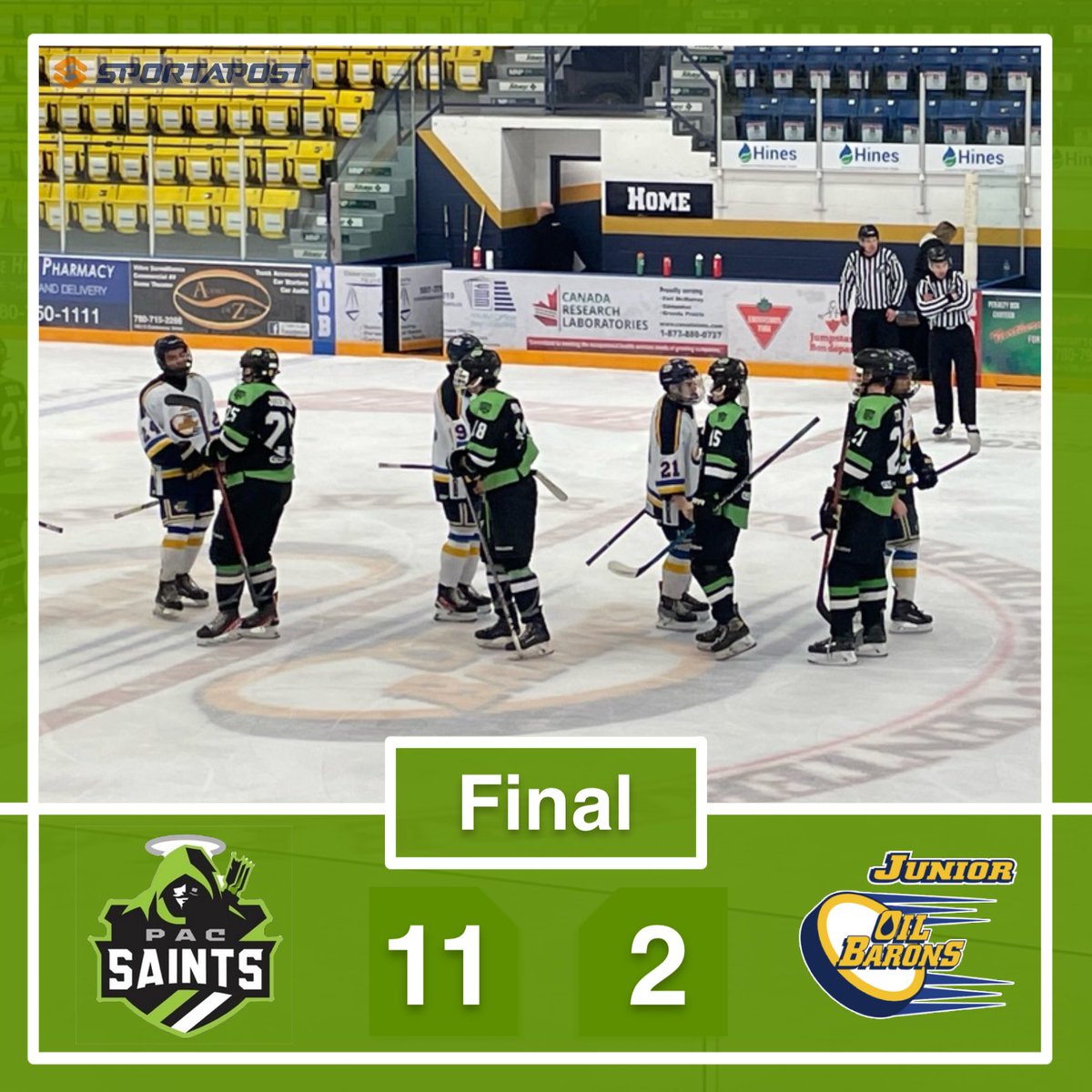 pacU18AA's tweet photo. FINAL in Ft Mac.
Your #PACSaints take it 11-2.
Final shots 68-25 for your #Saints
#seeyoutomorrow https://t.co/ZxzCjMh1sf